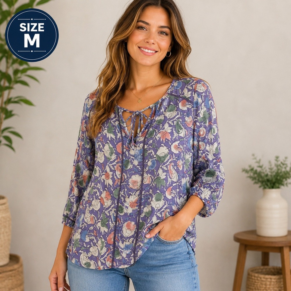 Lucky Brand Purple Floral Paisley Peasant Blouse Lace Trim Tie Neck Medium